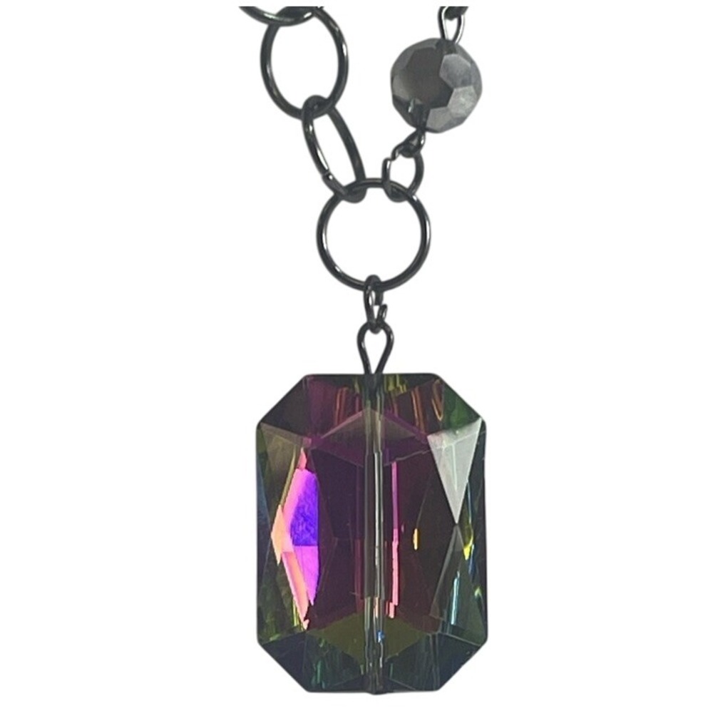 Crystal Pendant‎ Necklace Gunmetal Chain Iridescent Rectangle Statement